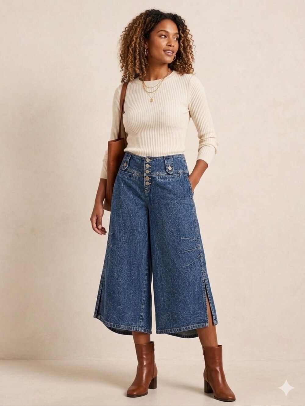 Vintage Blue Dot Wide-Leg Denim Culottes Cropped Gaucho Jeans - 6 - 100% Cotton
